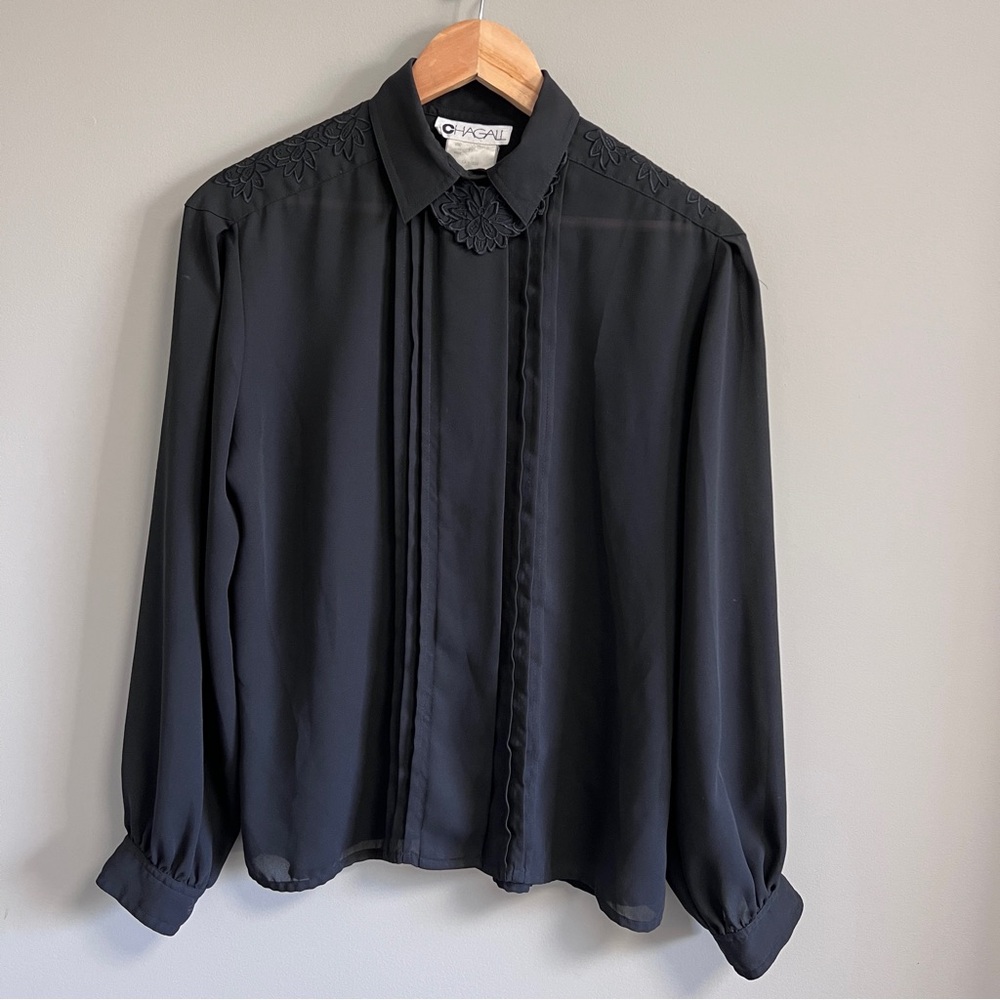 Vintage Chagall Black Sheer Pin-Tuck Blouse with Embroidered Yoke - Picture 2 of 7